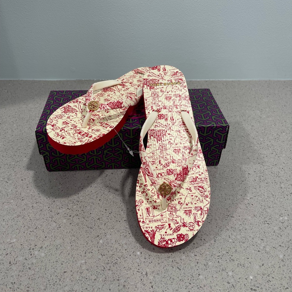Tory Burch Cream and Red Patterned Flip Flops